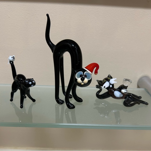 😸Black Glass Cat Figurines Set Murano Glass